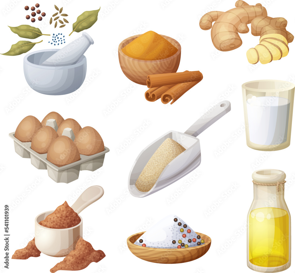 Baking ingredients icons set isolated on white background, cooking food ...
