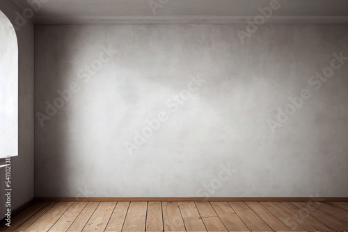 Empty room wall with wood parquet flooring, window, white and gray room, apartment without furniture