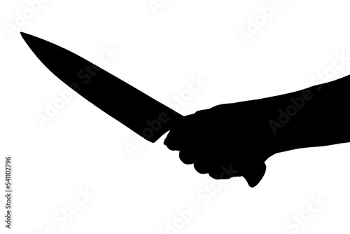 silhouette female hand holding a huge sharp knife. Isolated on white background