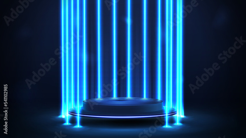 Empty blue podium floating in the air in dark scene with line vertical blue neon lamps around