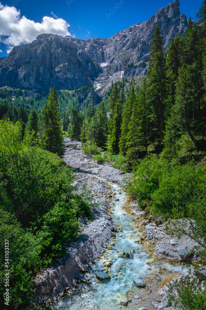 Idyllic Alpine landscape with river, Val di Funes, Dolomites alps, Italy Idyllic Alpine landscape with river, Val di Funes, Dolomites alps, Italy