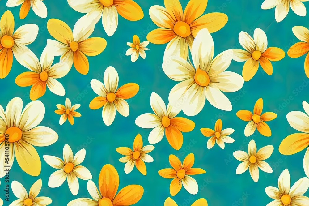 Trendy seamless 2d illustration floral pattern. Endless print made of small white and orange flowers. Summer and spring motifs. Bright yellow background. Stock 2d illustration illustration. Trendy seamless 2d illustration floral pattern. Endless print made of small white and orange flowers. Summer and spring motifs. Bright yellow background. Stock 2d illustration illustration.