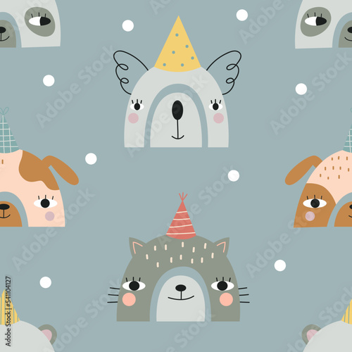 Seamless rainbow pattern with cute animals. Vector illustration