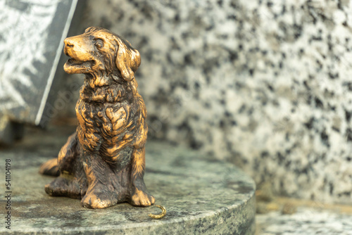 Close-up on a bronze dog  on a tombstone