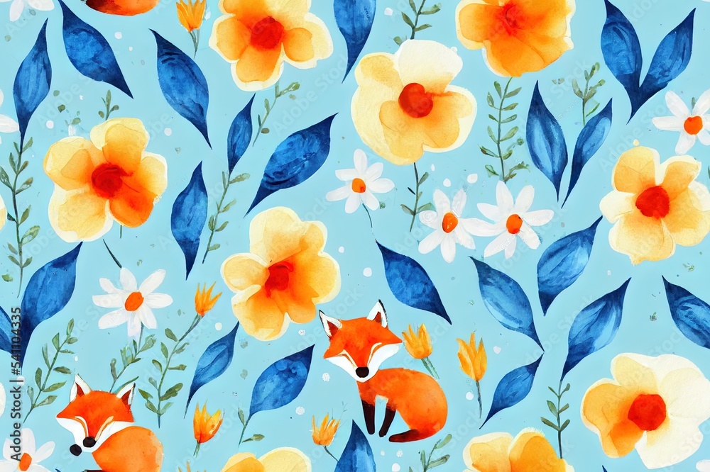 Cute foxes in a flower meadow. Watercolor seamless pattern. Creative childish background for fabric, textile, nursery wallpaper. Hand drawn illustration.