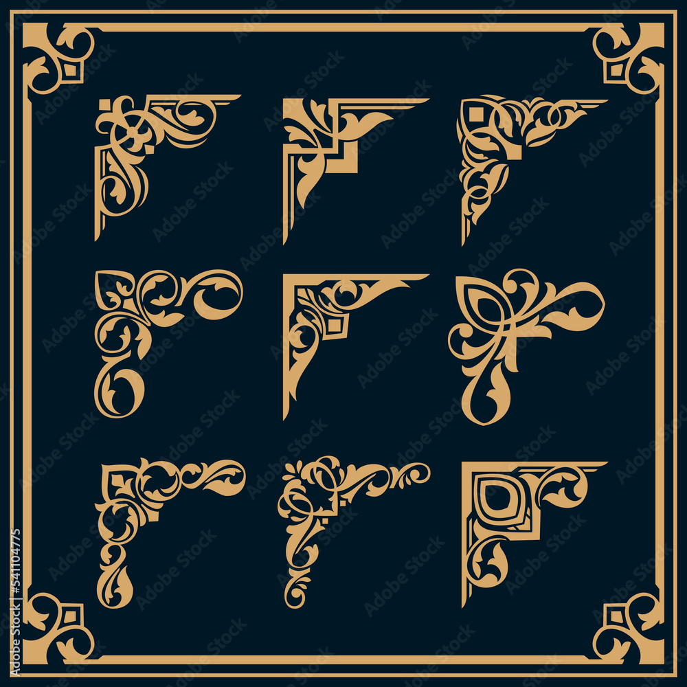 set of gold decorative corner , frame and border ornament