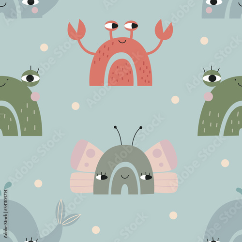 Seamless rainbow pattern with cute animals faces. Vector illustration