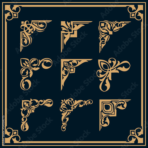 set of gold decorative corner , frame and border ornament