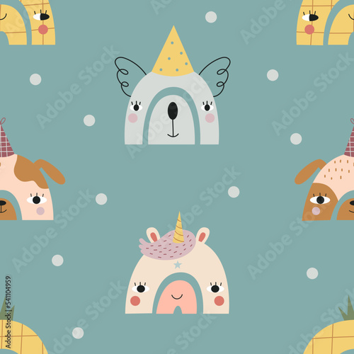 Seamless rainbow pattern with cute animals faces. Vector illustration