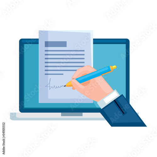 hand signing contract in laptop