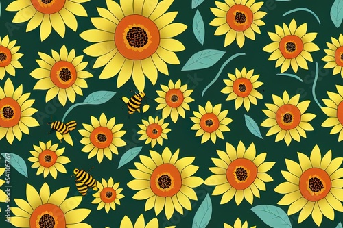 Seamless pattern with gnomes, bees and sunflowers. Cute baby print. Seamless pattern with gnomes. © 2rogan