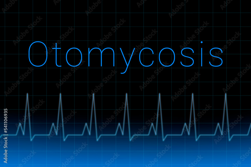 Obraz premium Otomycosis disease. Otomycosis logo on a dark background. Heartbeat line as a symbol of human disease. Concept Medication for disease Otomycosis.