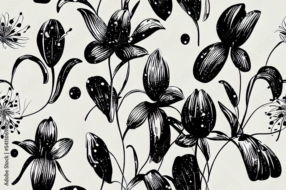 Modern hand drawn Black and white line lily flowers with dots seamless ...