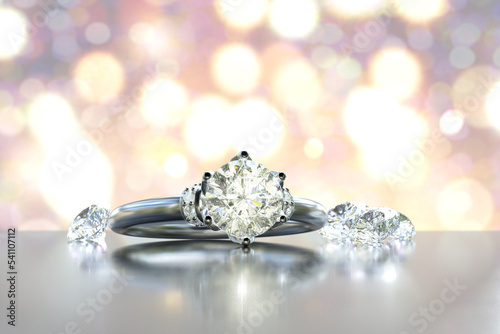 A diamond ring with defocused background. 3D illustration.