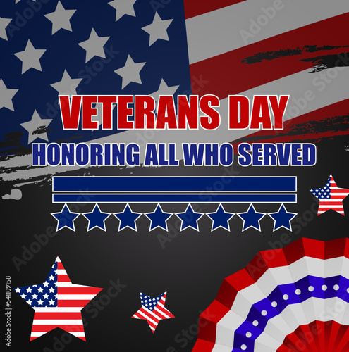 USA Veterans day background. Vector abstract grunge brushes flag with text. Template illustration. Place for text.