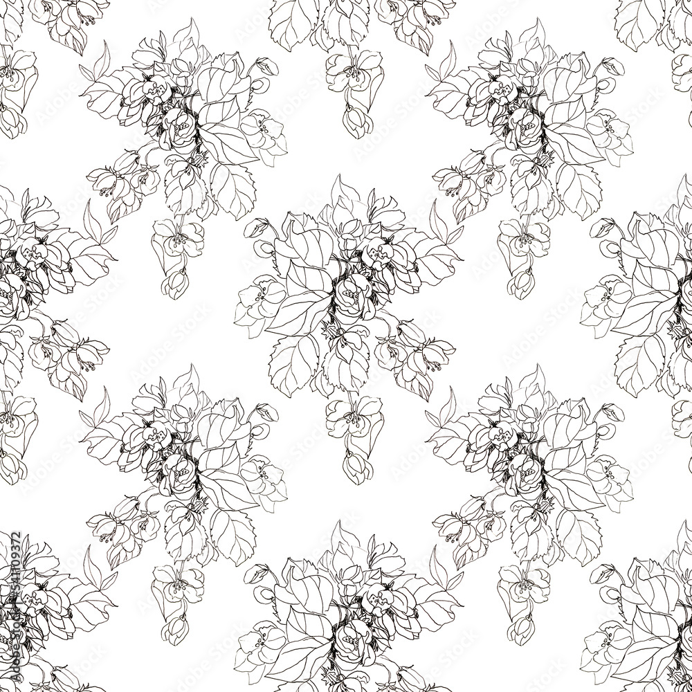 Seamless pattern hand-drawn black lines branch with apple blossoms on white background. Spring aromatic flowers. Lush foliage for romantic celebration. Art for wedding or 8 March. Wrapping, sticker Seamless pattern hand-drawn black lines branch with apple blossoms on white background. Spring aromatic flowers. Lush foliage for romantic celebration. Art for wedding or 8 March. Wrapping, sticker