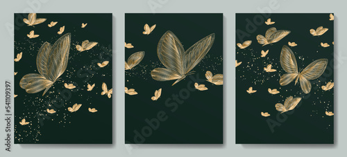 Luxury green abstract art background with butterflies in gold line art style. Animal hand drawn set for print, poster, wallpaper, decor, textile, packaging, interior design.