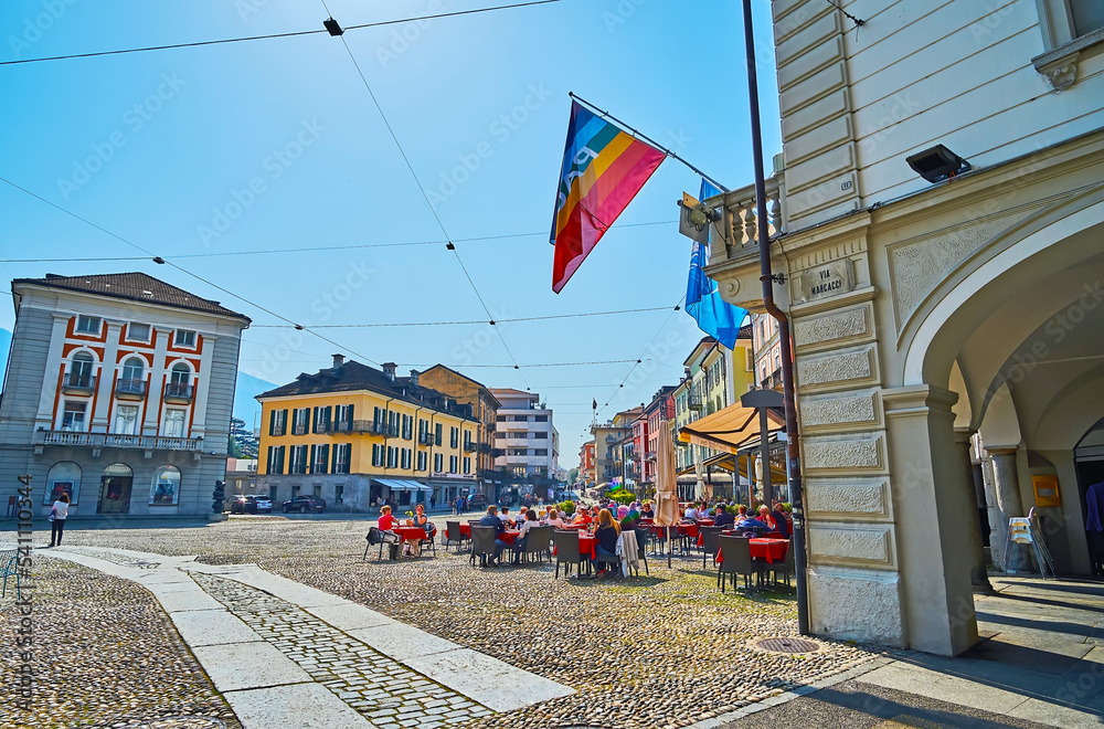 Outdoor restaurants on Piazza Grande, Locarno, Switzerland