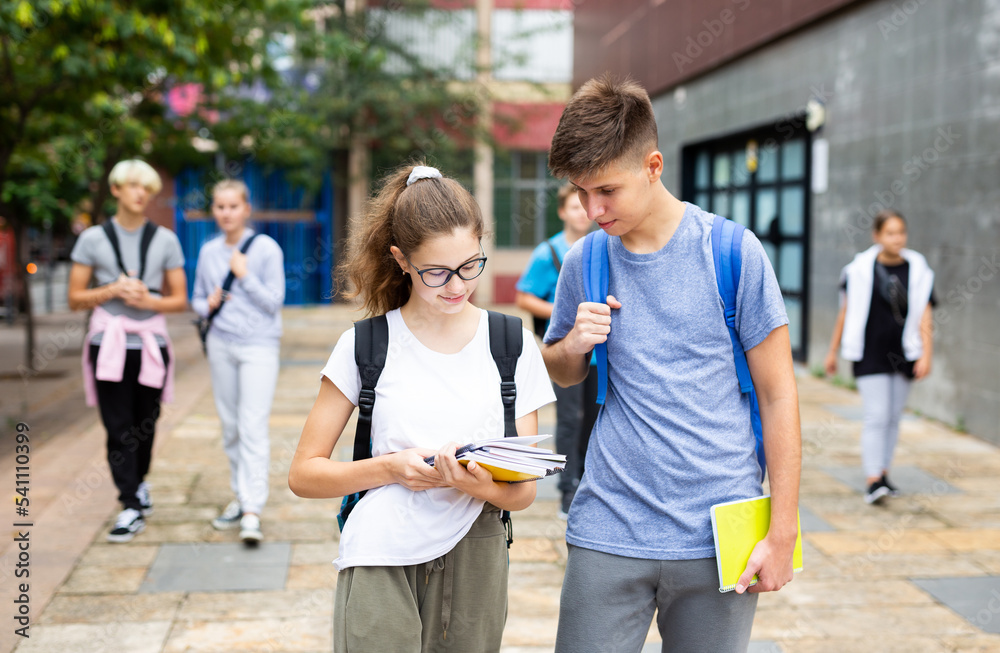 Obraz premium Two students holding bags and talking while walking