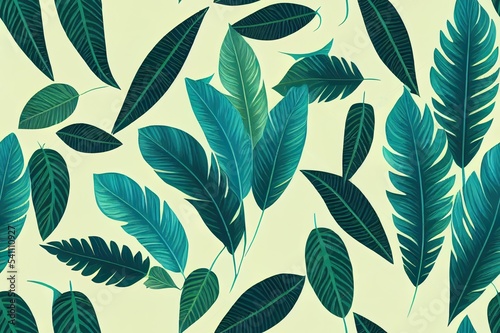 Seamless leaves background . Tropical leaf with line arts, jungle plants, Exotic pattern with palm leaves.
