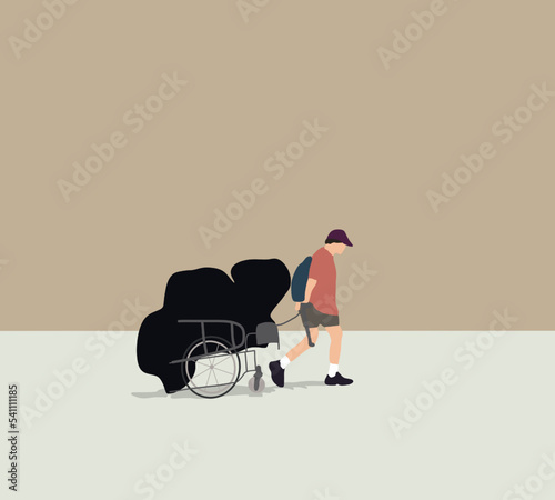 Homeless man on the road with shopping cart filled with recyclables and trash. Unemployment male needing for help
