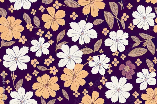 Floral vintage seamless pattern. Boho 2d illustration background. Hippie flower power retro textile print. Groovy botanical wallpaper