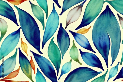 Hand painted watercolor colorful arabesque leaf like geometric tile pattern in allover seamless repeat photo