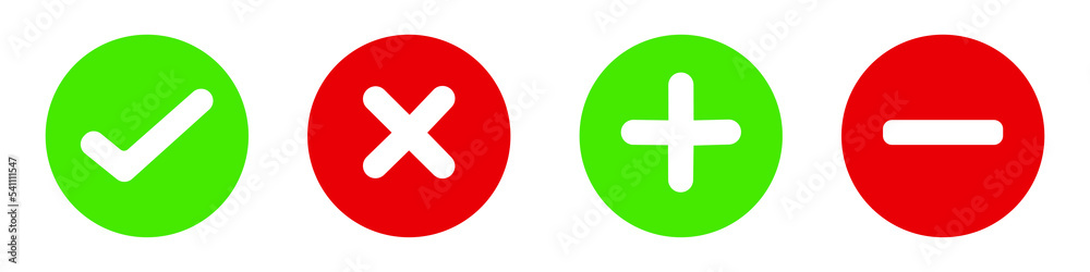 Symbol icons with 4 different shapes. Vector illustration - choice icons. Yes icon, No icon, Plus icon, Minus icon Symbol icons with 4 different shapes. Vector illustration - choice icons. Yes icon, No icon, Plus icon, Minus icon