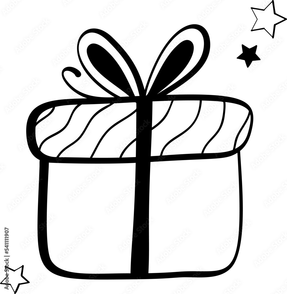 Cute doodle present, gift box with bows. Hand drawn icons. Gift wrap, package. Element for greeting cards, posters, stickers and seasonal design. Isolated on white background with stars. Cute doodle present, gift box with bows. Hand drawn icons. Gift wrap, package. Element for greeting cards, posters, stickers and seasonal design. Isolated on white background with stars.
