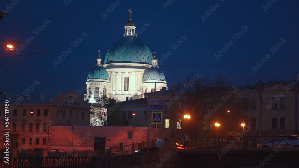4k, evening view of the Trinity Cathedral, Fontanka river embankment, Saint-Petersburg, Russia 4k, evening view of the Trinity Cathedral, Fontanka river embankment, Saint-Petersburg, Russia