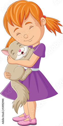 Cartoon little girl hugging her cat