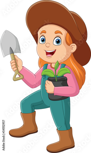Cute gardener girl with plants and shovel