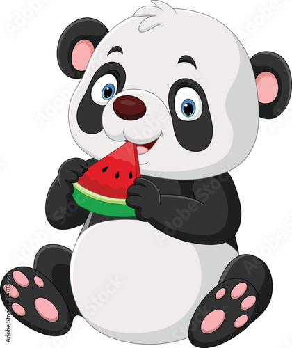 Cartoon funny panda eating watermelon