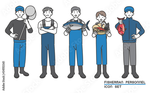 魚や貝、タモ網などを持つ漁師や水産業関係の男女のベクターイラスト素材／海鮮／水揚げ／第一次産業