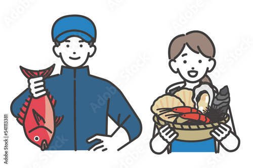 鯛を持ったり、魚や貝やなどを籠を持つ漁師や水産業関係の男女のベクターイラスト素材／海鮮／水揚げ／第一次産業