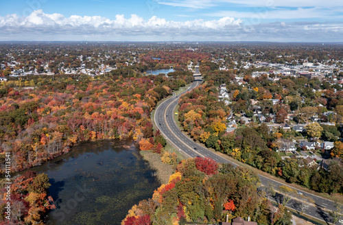 Drone view of Long Island during fall.