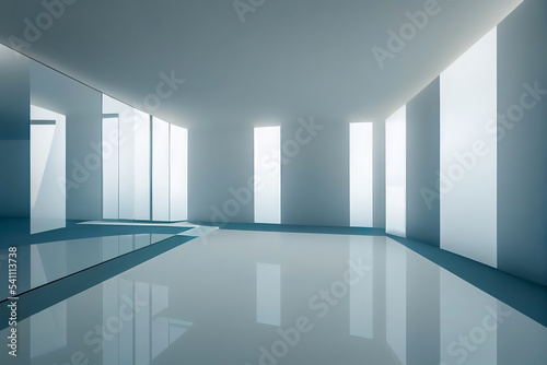 Empty interior backdrop, photorealistic. Bright empty office interior with light and reflection, interior view. Abstract Architecture Background. Future background, business concept. 3d illustration 