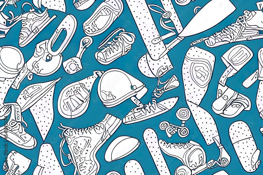 Obraz premium Hand drawn skateboarding elements seamless pattern. Skate background. Skateboarding doodle illustration. 2d illustration illustration. Seamless pattern with sunglasses, skateboard, hat etc.