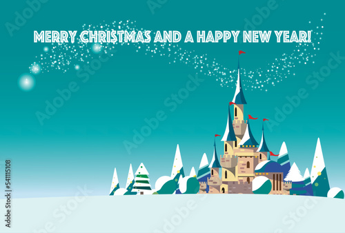 雪のお城にクリスマスと新年を祝うキラキラ星のクリスマスカード