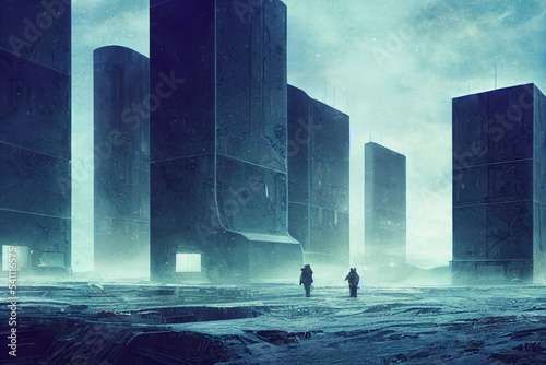 Dooms day headquarter of an evil corporation,turn the future to dystopy.Antarctica sci-fi research station snow base illustration design.Future war concept.AI Neural Network Computer Generated Art photo