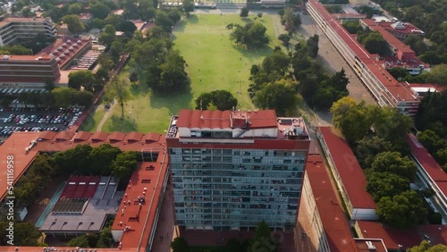 Hyperlapse drone view of the central campus of UNAM, Mexico City 25 october 2022 photo