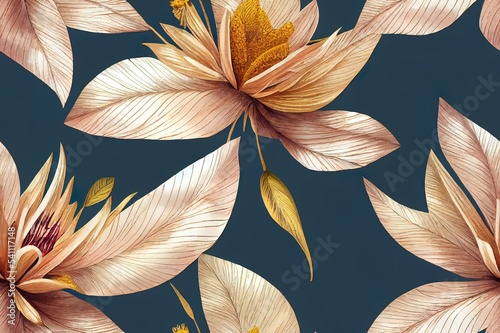 Gold hibiscus flowers bouquets, protea flowers, banana leaves, palm, hummingbirds. Tropical exotic vintage seamless pattern. Hand drawn 3D illustration. Good for luxury wallpapers, cloth, fabric print