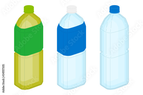 斜めの角度のペットボトル（プラスチックボトル）のベクターイラスト素材のセット　部位別レイヤー分け