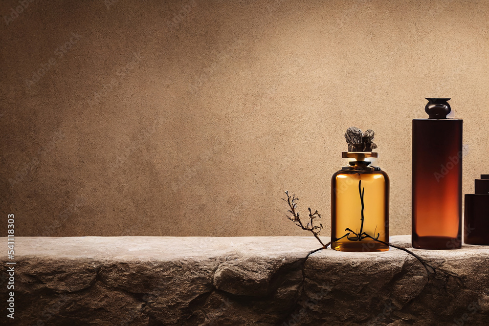 Mockup design of perfume bottle with plant branch on. Empty, blank and