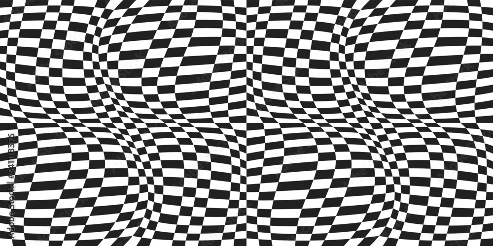Very curly checkered pattern. Optical vector from 3D chessboard. The canvas is convex from black and white chess cells.