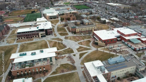 Aerial View of Mesa University Campus in Grand Junction, Colorado USA. Buildings, Halls and Sports Fields photo