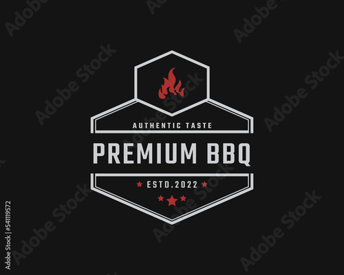 Vintage Retro Badge Emblem Rustic Stamp with Fire Flame for Traditional BBQ Barbecue Logo Design Linear Style