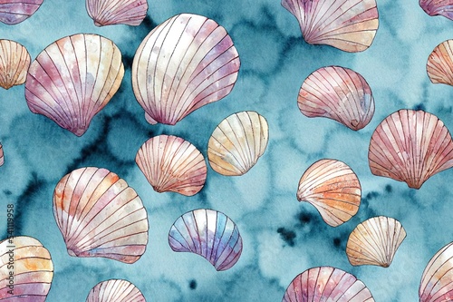 Watercolor sea shell seamless pattern. Hand drawn seashells texture vintage ocean background. Watercolour marine illustration. Print for wallpaper, fabric, textile, cover, wrapping paper, banner, card