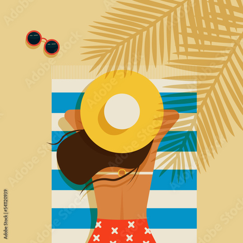 Vector illustration summer holidays in the beach. Woman with sun tanning, cap and glasses