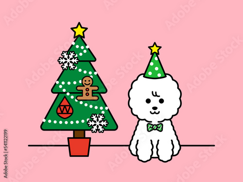 ビションフリーゼとクリスマスのイラスト 背景ピンク